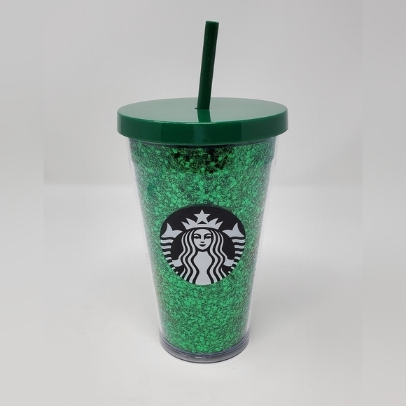 STARBUCKS GREEN GLITTER GRANDE ICED COFFEE COLD BEVERAGE TUMBLER 2018 HOLIDAY - Picture 1 of 13